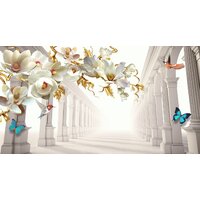 ФабрикаФресок 3D Абстракция. Золотые Цветы. Бабочки и Колонны 1025270 (500x270)