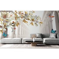 ФабрикаФресок 3D Абстракция. Золотые Цветы. Бабочки и Колонны 1025270 (500x270) Image #3